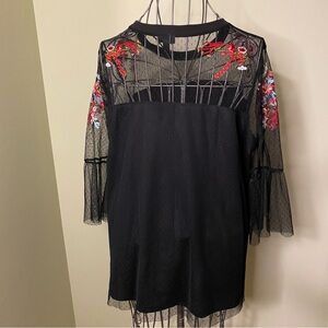 Torrid Black Tunic with Embroidery and Bell Sleeves, sheer on top